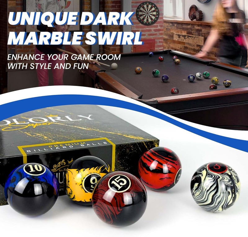 JOLORLY Billiard Balls AAA-Grade, Complete Set of 16 Pool Balls, 2-1/4" Regulation Size and Weight Professional Tournament Pool Table Balls (Dark Marble Swirl) - Image 2